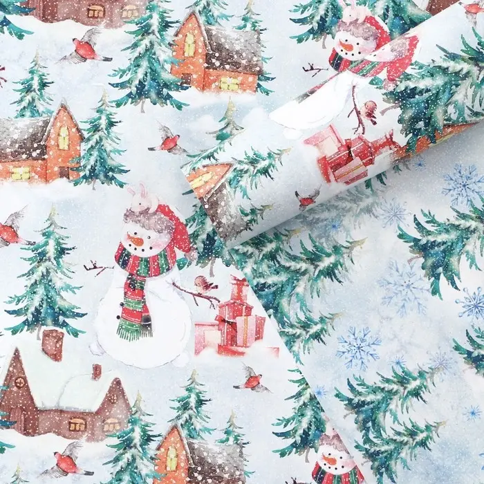 Упаковочная бумага на новый год глянцевая двухсторонняя &laquo;Зимняя деревушка&raquo;, 50 х 70 см