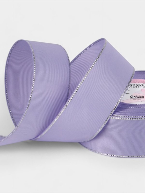 Лента репсовая 40мм*25&plusmn;1ярд(23м&plusmn;1м) серебряные нити №021 сиреневый АУ