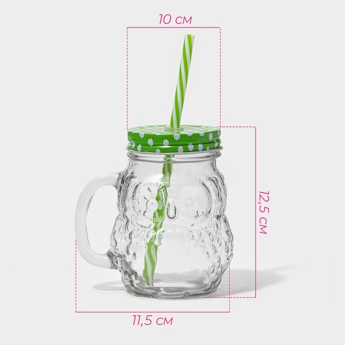 Кружка стеклянная с крышкой и трубочкой &laquo;Сова&raquo;, 470 мл, 10&times;11,5&times;12,5 см, цвет МИКС