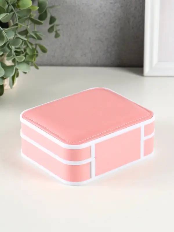 Шкатулка пластик, кожзам для украшений 6 ячеек, 10 полос, персик 13,5х11,5х5,5 см