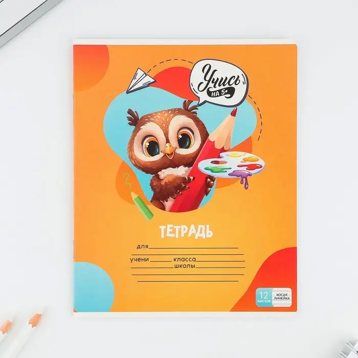 Тетрадь 12 листов в косую линейку, А5, на скрепке, блок №1 &laquo;Учись на 5+&raquo; МИКС