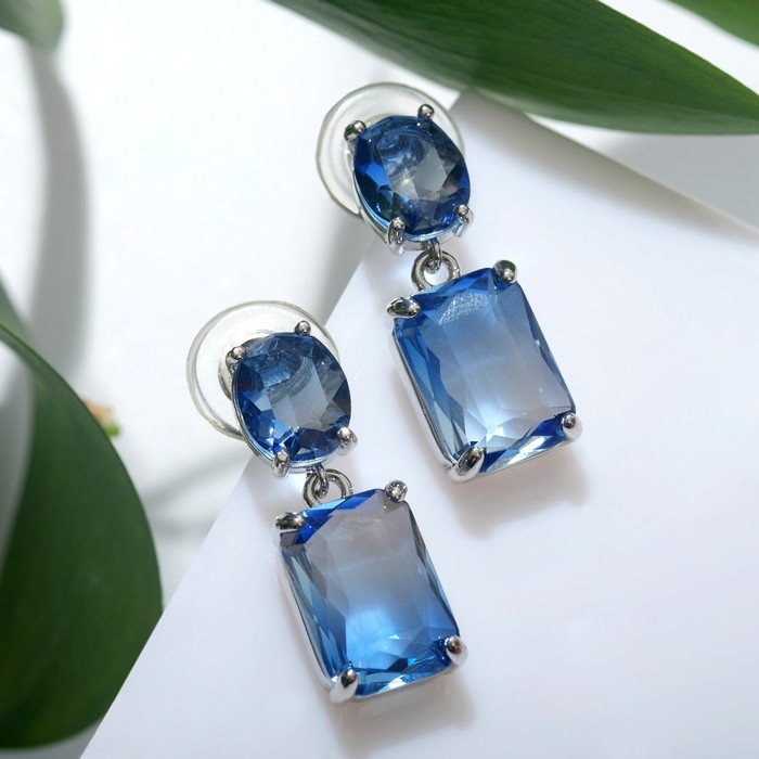 Серьги со стразами &laquo;Весна&raquo; овал квадрат, цвет синий в серебре