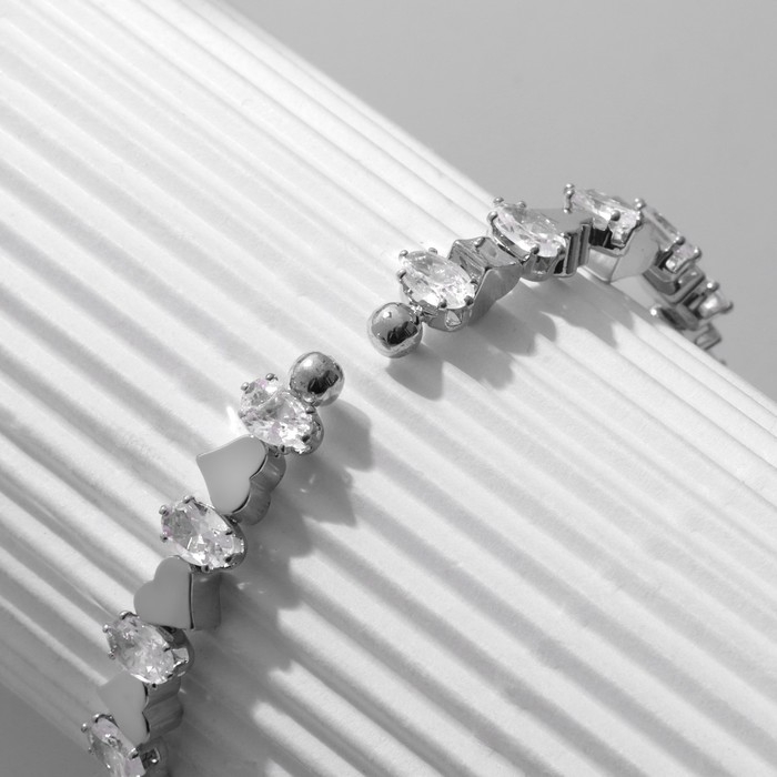 Браслет со стразами &laquo;Сердце&raquo; лёд, 1 ряд, цвет белый в серебре