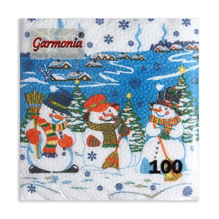 Новый год. Салфетки бумажные Гармония цвета многоцветие "Снеговички", 24*24 см 100 листов