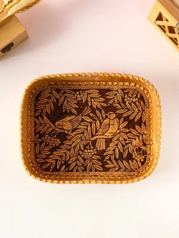 Сухарница "Птички" , 24,5х17,5х4,5см, береста