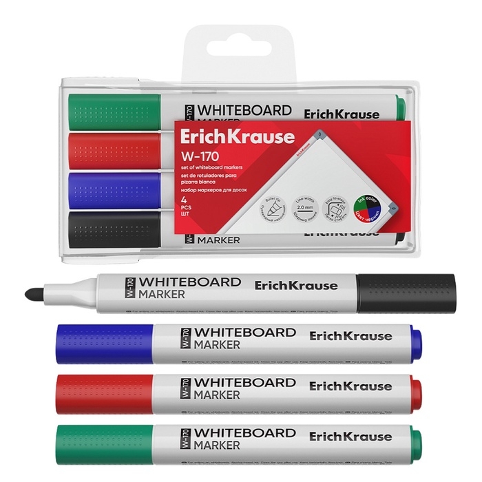 Набор маркеров для досок ErichKrause W-170, 4 штуки, 2.0 мм, чернила на спиртовой основе, чёрный, синий, красный, зелёный