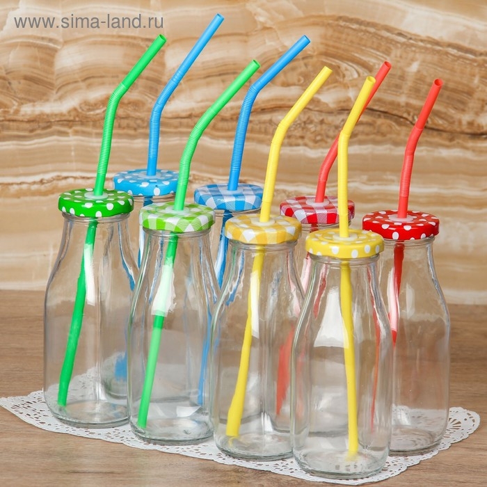 Бутыль стеклянная с крышкой и трубочкой &laquo;Лаконичность&raquo;, 300 мл, 6,5&times;15,5 см, цвет МИКС