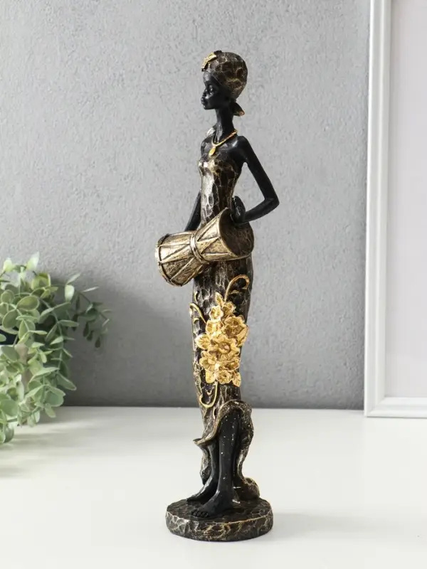 Сувенир полистоун "Африканка в косынке с цветами и барабаном" чёрный 8,5х8,5х39 см