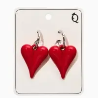 Серьги со съмными элементами "Сердца" вытянутые, цвет красный в серебре