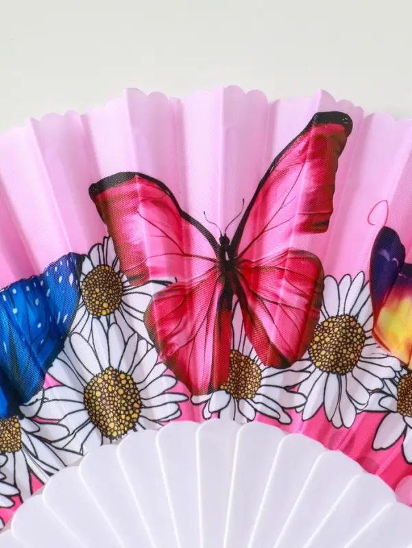 Веер пластик, текстиль "Ромашки и бабочки" МИКС широкие лопасти 23 см