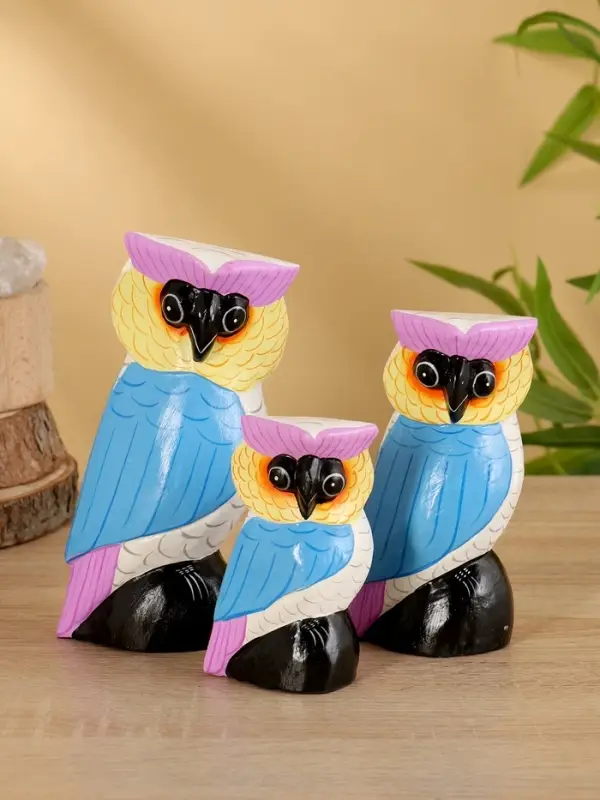 Набор сувенирный &laquo;Совы&raquo;, h=18 см, h=14.5 см, h=11 см, дерево, бело-синий