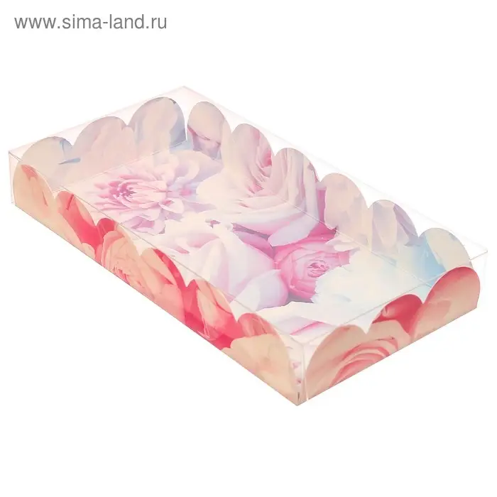 Коробка для печенья, кондитерская упаковка с пластиковой крышкой, &laquo;Пионы&raquo;, 10.5 х 21 х 3 см