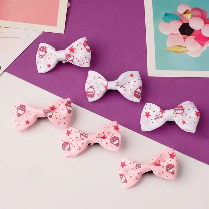 Зажим для волос "Бантик" звёзды и кексы 4,5 см, белый и розовый