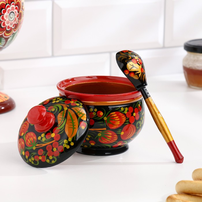 Сахарница, с ложкой, 10&times;9 см, хохлома