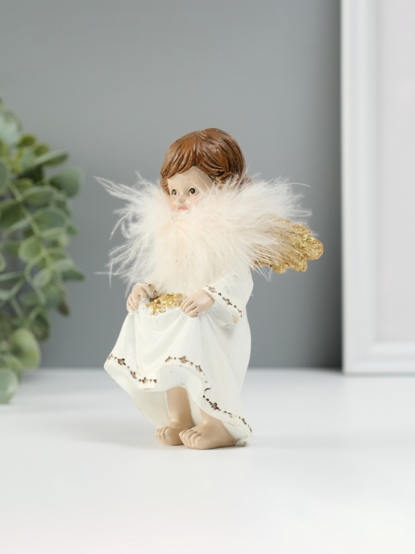 Сувенир полистоун "Ангелочек со звёздами в подоле" пух, золотые крылья 8,5х7х13 см