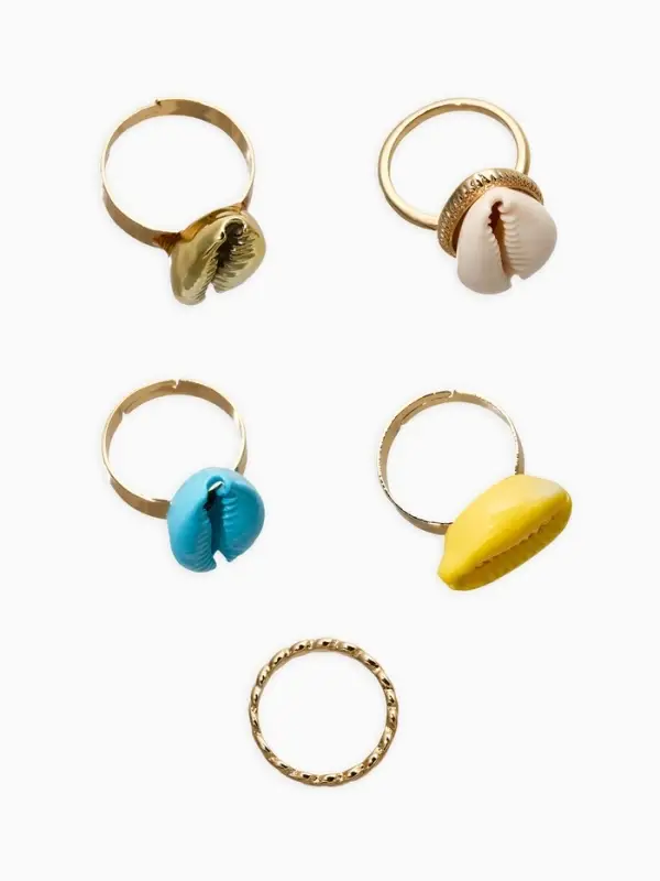 Набор колец 5 шт "Новый стиль" ракушки, размер МИКС, цветные в золоте