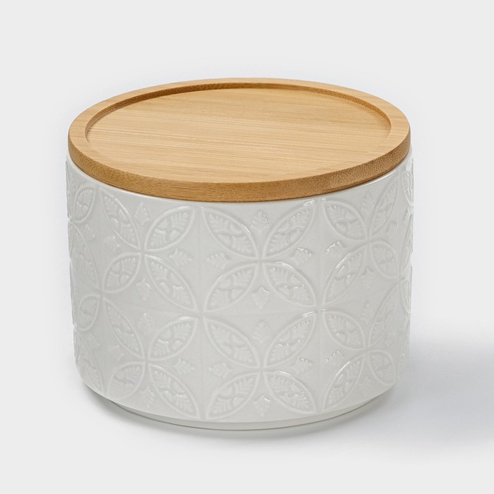 Банка для хранения сыпучих продуктов BellaTenero &laquo;Листья&raquo;, 330 мл, d=10 см, с бамбуковой крышкой, фарфоровая, цвет белый
