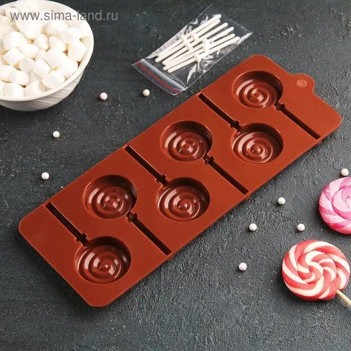 Форма для леденцов Доляна &laquo;Леденец&raquo;, силикон, 9.5&times;24 см, 6 ячеек (8.2&times;3.9 см), с палочками, МИКС