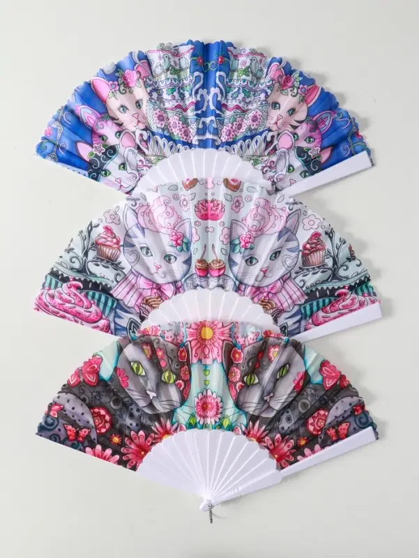 Веер пластик, текстиль "Котики. Цветочная абстракция" МИКС широкие лопасти 23 см