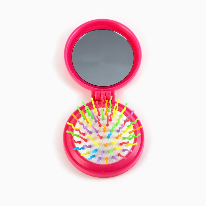 Расчёска массажная, складная, с зеркалом, 6 &times; 6 х 3 см, цвет розовый МИКС