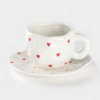 Чайная пара Доляна &laquo;Любовь&raquo;, чашка 220 мл, блюдце d=16 см, ручная роспись, керамика, белая