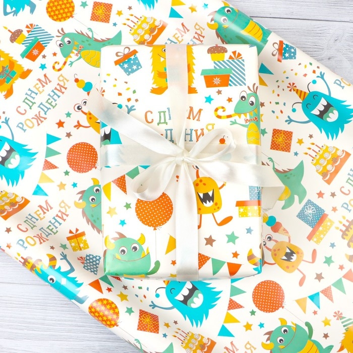Бумага упаковочная глянцевая &laquo;Динозаврик&raquo;, 70 &times; 100 см , 1 шт.