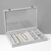 Подставка для украшений &laquo;Шкатулка&raquo; 4 полосы, 7 крючков, 8 ячеек, стеклянная крышка, цвет серый