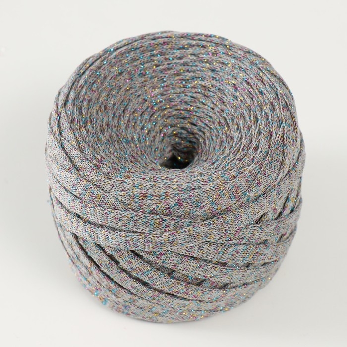 Трикотажная пряжа "Риббон" с люрексом 85м/170&plusmn;5 гр (Серый, люрекс: Радуга)