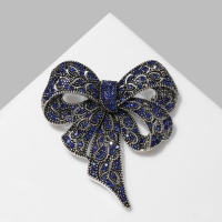 Брошь &laquo;Бант&raquo; узорчатый, цвет бело-синий в чернёном серебре