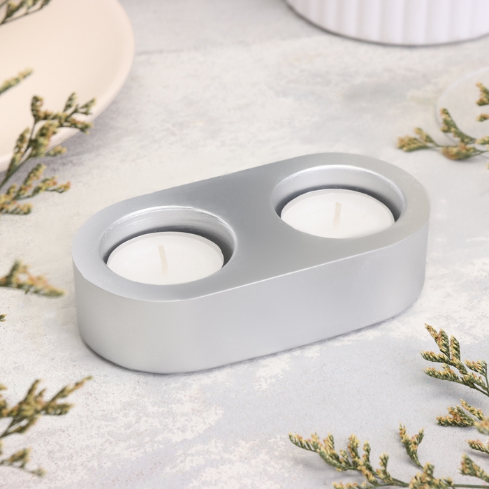 Подсвечник "Мрамор" из гипса для двух свечей овальный, 12х6х3см, серебро