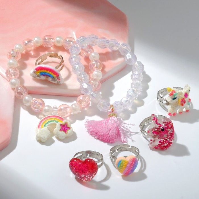 Набор детский &laquo;Выбражулька&raquo; 7 предметов: 2 браслета, 5 колец, радуга, форма МИКС, цветной