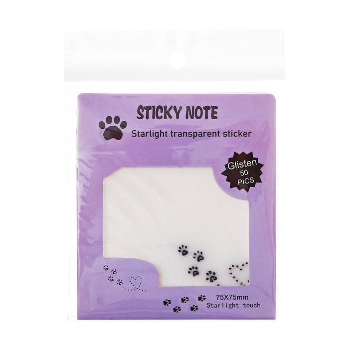 Блок с липким краем 75мм х 75мм 50л пластик прозрачные с блестками Лапки кошки