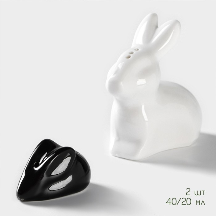 Набор фарфоровый для специй на бамбуковой подставке BellaTenero &laquo;Зайцы&raquo;, 3 предмета: солонка 50 мл, перечница 20 мл, подставка, цвет белый и чёрный