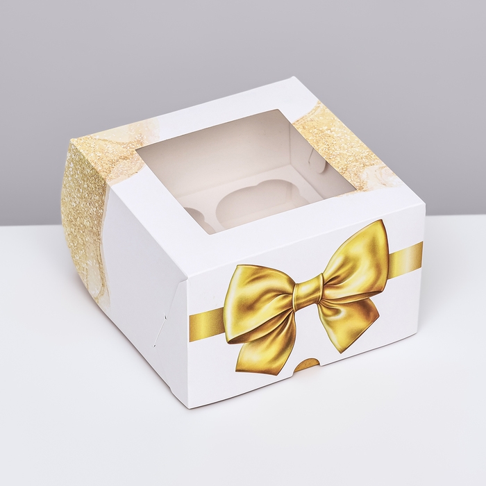 Коробка для 4 капкейков с окном , "Бант", 16 х 16 х 10 см