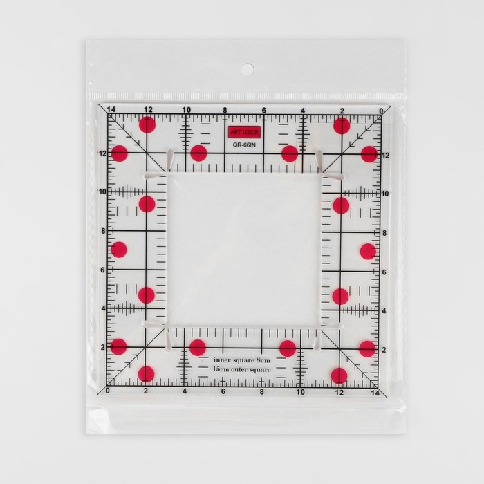 Линейка для квилтинга и пэчворка, с отверстием, 15 &times; 15 см, толщина 3 мм, цвет прозрачный/розовый