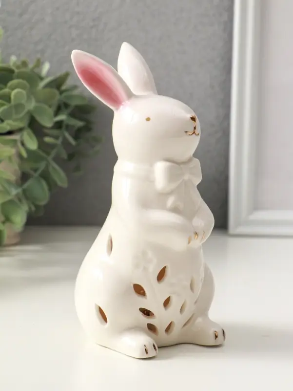 Сувенир керамика свет "Зайка с бантом" белый 7,5х8х15,5 см