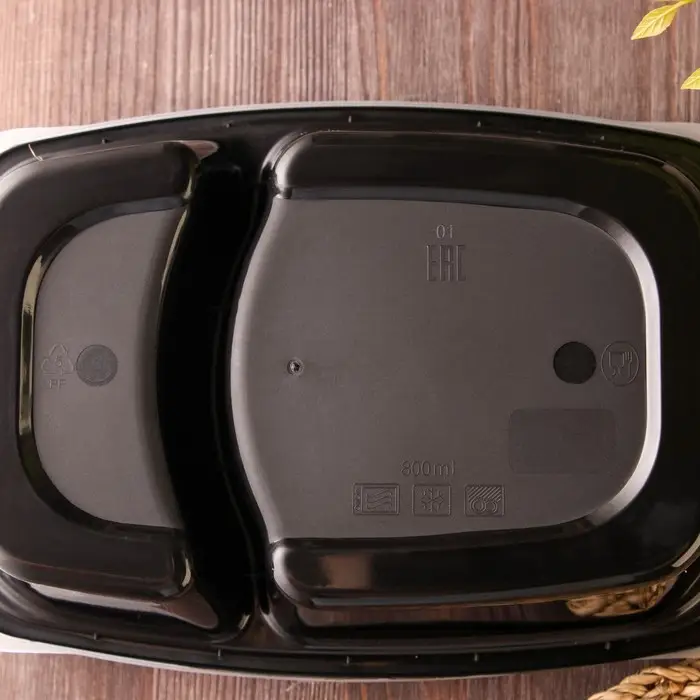 Контейнер одноразовый с крышкой, пластик, 830 мл, 2 секции, чёрный