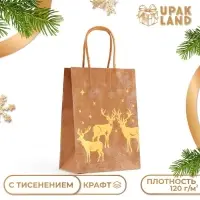 Пакет крафт с золотым тиснением, круглая ручка, &laquo;Новый год&raquo; 15&times;21&times;8 см, 120 г