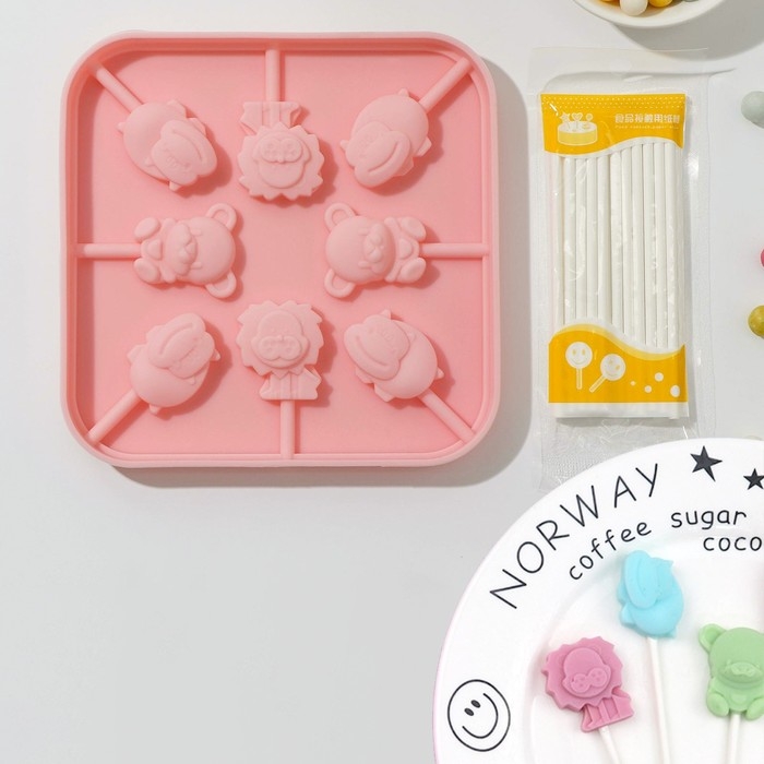 Форма для леденцов &laquo;Зоопарк&raquo;, силикон, 14,5&times;14,5&times;1,5 см, 8 ячеек (3&times;2,5 см), с палочками, цвет МИКС