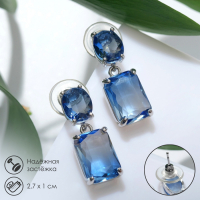 Серьги со стразами &laquo;Весна&raquo; овал квадрат, цвет синий в серебре