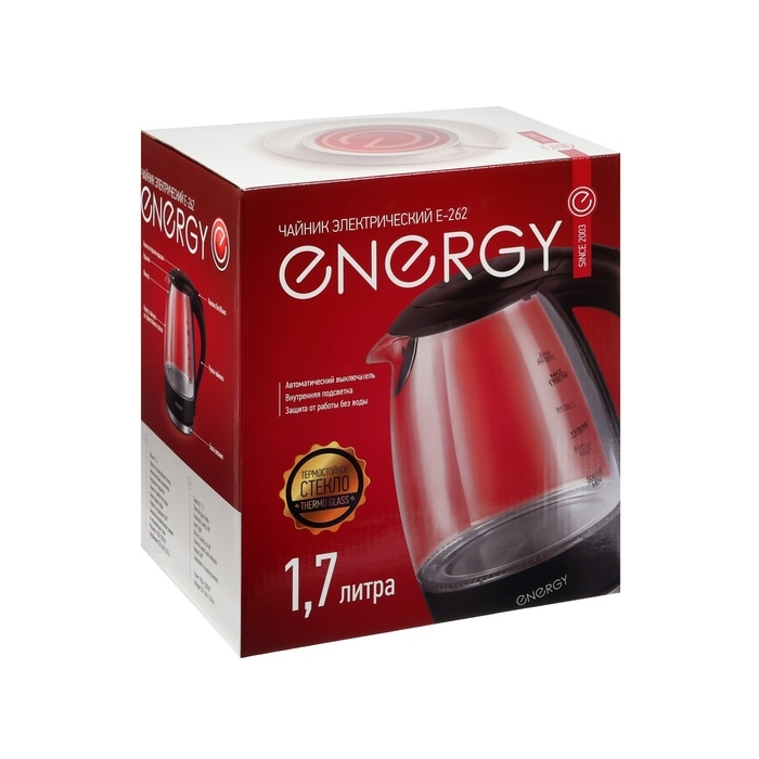 Чайник электрический ENERGY E-262, стекло, 1.7 л, 2200 Вт, белый