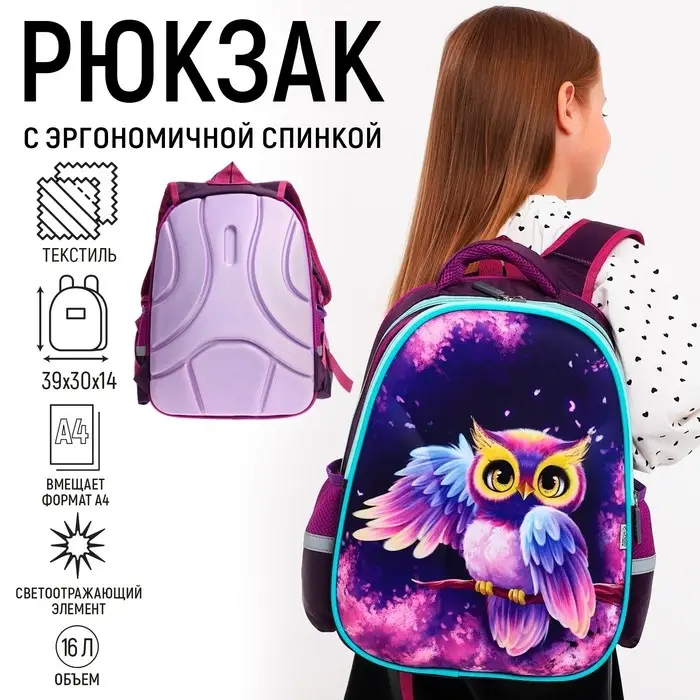 Рюкзак каркасный школьный, 39 х 30 х 14 см, Calligrata "Сова"