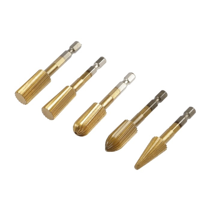 Набор шарошек по дереву и пластику ТУНДРА, TiN покрытие, шестигранный хвостовик, 5 шт. Набор шарошек по дереву и пластику ТУНДРА, TiN покрытие, шестигранный хвостовик, 5 шт.