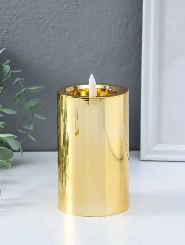 Светодиодная свеча LED "Столбик. Глянец" от батареек 3хАА, золото, мерцающая 7,5х7,5х17 см