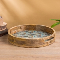 Поднос круглый с бортиками "Мудрый слон" дерево манго 35х35х6,5 см