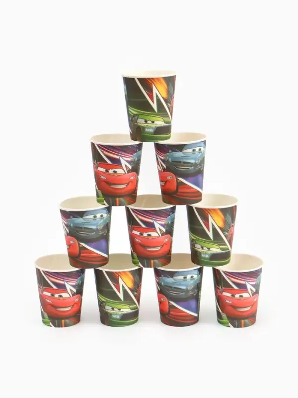 Посуда одноразовая бумажная на 10 персон: стаканы, тарелки, скатерть, Машинки