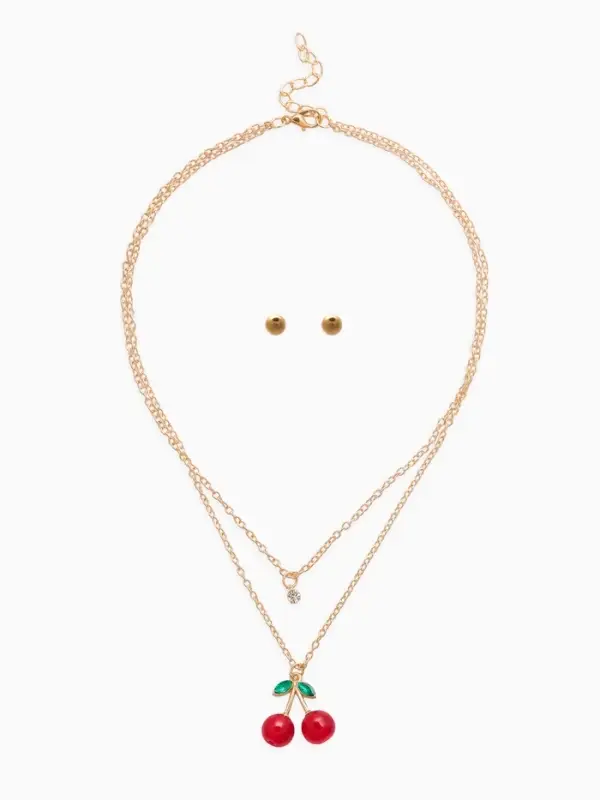 Набор 2 пред-та: пуссеты,кулон "Вишенка со стразинкой", цвет красный в золоте 50+40см. d4