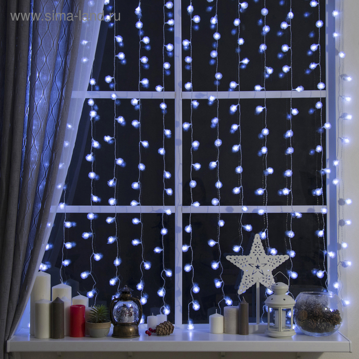 Гирлянда &laquo;Занавес&raquo; 2 х 1.5 м с насадками &laquo;Ёжики&raquo;, IP20, прозрачная нить, 360 LED, свечение белое, 8 режимов, 220 В