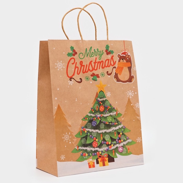 Новый год. Пакет бумажный подарочный новогодний крафт "Ёлка", 33 &times; 26 &times; 12 см.
