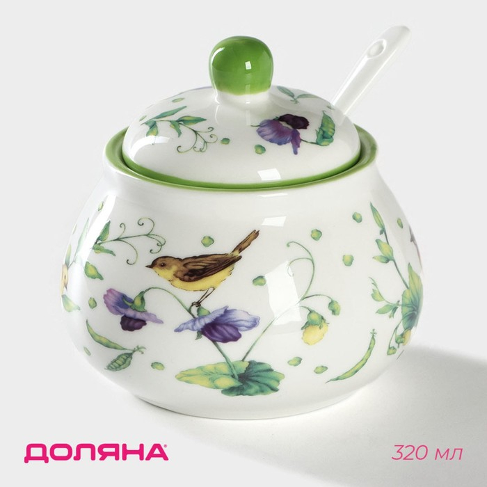 Сахарница фарфоровая с ложкой Доляна &laquo;Зелёный сад&raquo;, 320 мл, 10&times;9 см